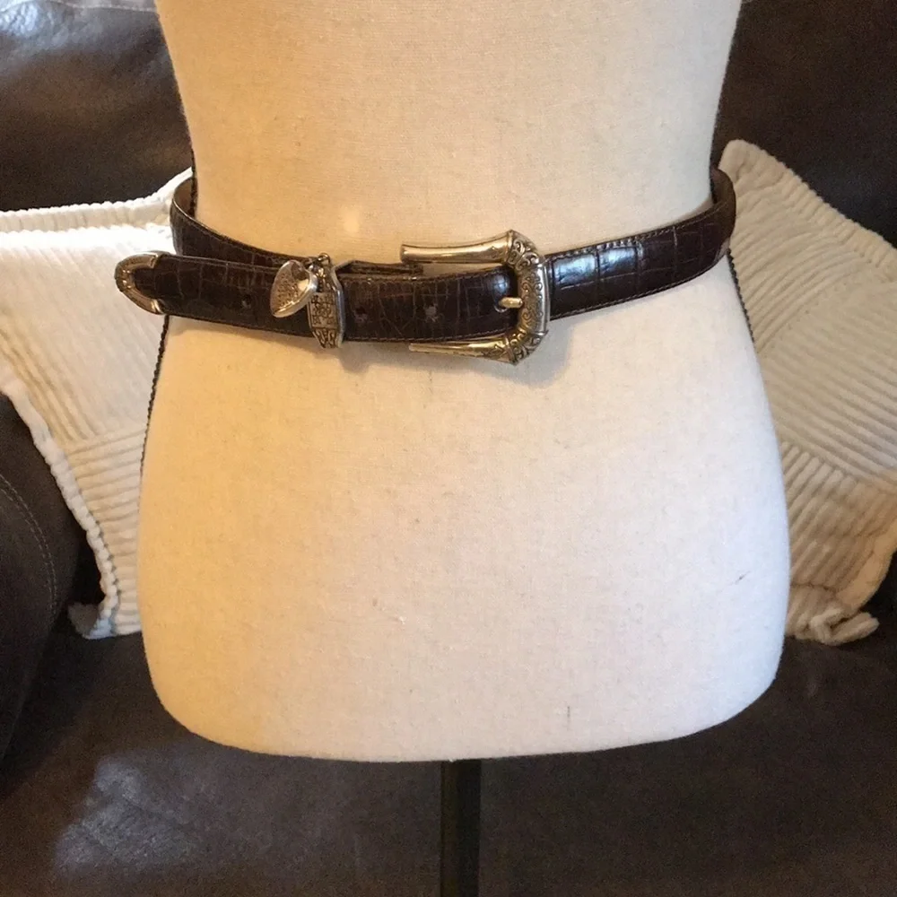 Brighton Silver Heart Charm Brown Leather Belt B7108 Croc Emboss Sz M/30 Basic
